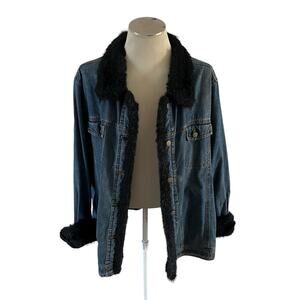 Y2K 2000s Plus Size Black Faux Fur Trim Collar Denim Jacket Wmns 2x